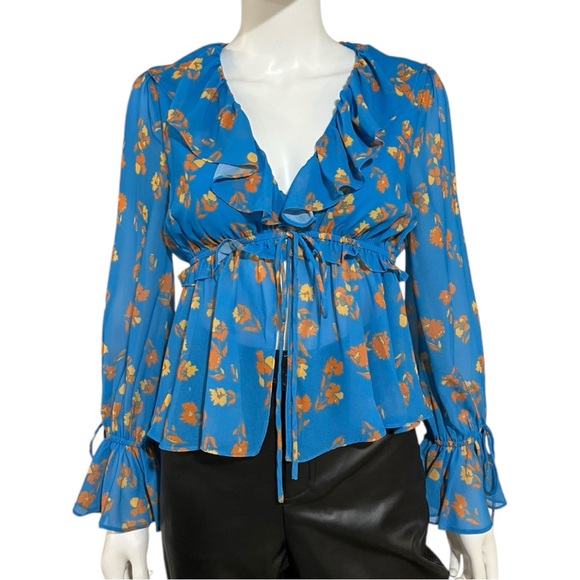 Endless Rose Golden Floral Ruffle Deep V-Neck Chiffon Top, XS - Picture 6 of 9